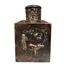 Antique Tea Caddy Silver Plated Repousse Figural Cabin Scene Decorative Bottle